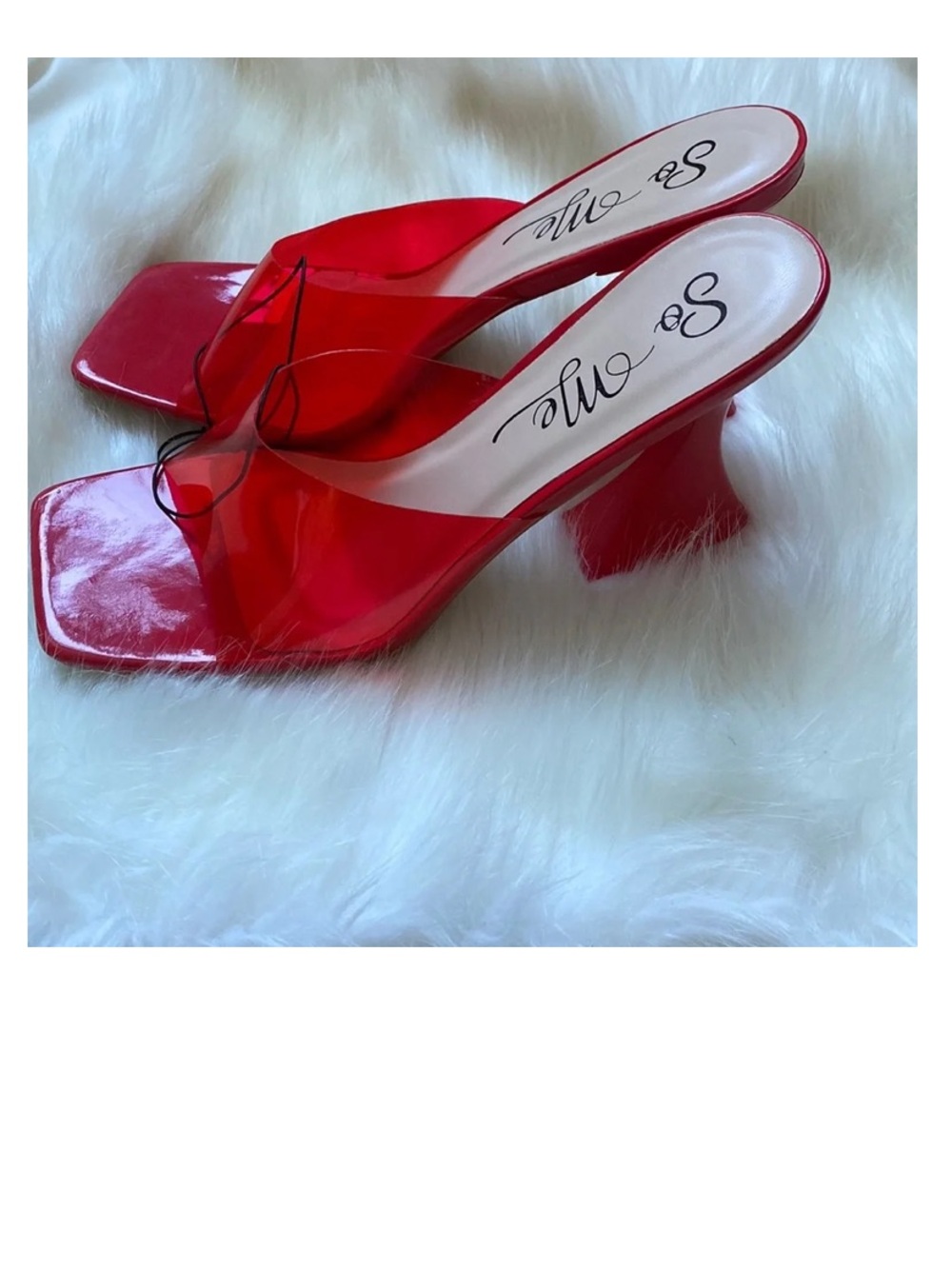 So Me Red Clear-Strap Square Toe Block Heel Mules